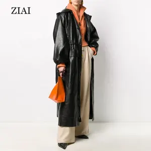 Toptan özel kapşonlu İpli ceket rahat PU ceket sıcak ve gevşek sonbahar ve kış yeni stil uzun deri ceket