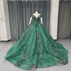 ANY251 Impresionante Vestido de Noche Verde Esmeralda con Lentejuelas y Hombros Descubiertos - Product Image 3