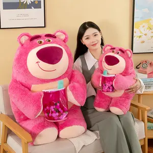 Cartoon Stuffed Strawberries Teddy Bear holding Milk Tea Plush Toys for Girl Gift Kawaii Holding Boba Cup Bear Doll Pillow
