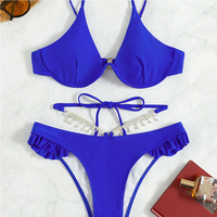 Maillot de bain deux pièces FS Micro Bikini Oil Dance bleu, dos nu, ajouré, orné de strass, à franges, avec armatures, push-up et volants