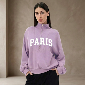 Sweat-shirt surdimensionné personnalisé pour femme, en molleton de coton, à col montant, avec demi-fermeture éclair, imprimé et brodé sur le devant, idéal pour l'automne et l'hiver - Product Image 1