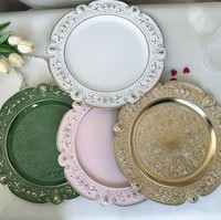 Assiettes de présentation réutilisables en plastique antique argenté blanc rose vert pour mariage, fête, dîner, table, 13 pouces, bord fleuri