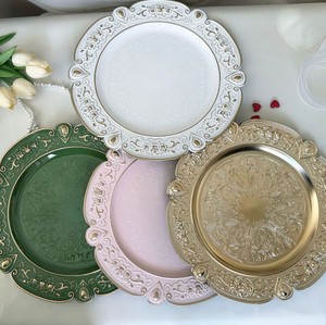 Assiettes de présentation réutilisables en plastique antique argenté blanc <span class=keywords><strong>rose</strong></span> vert pour mariage, fête, dîner, table, 13 pouces, bord fleuri - Product Image 6