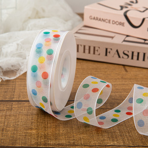 1 inch x 25 yard, Polka Dots <span class=keywords><strong>Sheer</strong></span> <span class=keywords><strong>Ribbon</strong></span> cho gói quà, gói cookie, trang trí đám cưới, tất cả crafting và may - Product Image 1