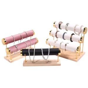 Vente chaude, support de présentation de bijoux en bois massif en daim multicouche en forme de T, design personnalisé, option de logo personnalisé - Product Image 4