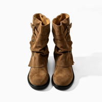 Bottes mi-mollet souples pour femmes en faux daim à talon épais et multi-boucles, personnalisables avec logo, faible MOQ, vente en gros pour l'hiver – Fabrication OEM/ODM
