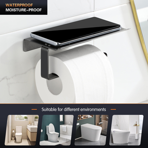 Porte-papier toilette mural moderne avec étagère pour téléphone, en acier inoxydable noir, distributeur de papier toilette rectangulaire minimaliste pour salle de bain - Product Image 4