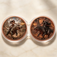 Moneda de desafío doble de Canadá de 1 onza, cobre puro .999, Guerrero y Caballero a caballo sobre dinosaurio, Fantasía en contraste, Venta al por mayor