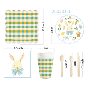 DAMAI - Artículos para Fiestas de Pascua, Plato a Cuadros Colorido con Diseño de Conejito de Pascua, Juego de Vajilla Desechable para Fiestas, Servilletas de Papel, Vasos, Platos - Product Image 6