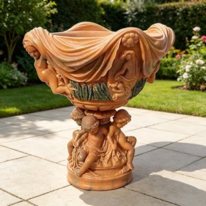 Fioriera in Marmo Rosso Tramonto con Rilievo Angelo Intagliato a Mano, Urna per Fiori in Pietra per <span class=keywords><strong>Giardino</strong></span> di Villa Europea, Classica Urna in Pietra Supportata <span class=keywords><strong>da</strong></span> Cherubini - Product Image 1