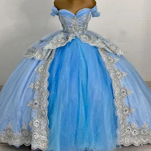 Mumuleo Himmelblau Quinceanera-Kleid schulterfreie Perlen Prinzessin Ballkleid süß 16 XV Jahre alt Miss Geburtstags-Wettbewerb Mexiko