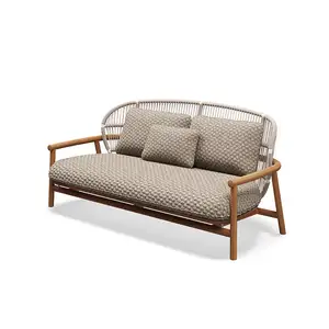 Factory Price Teak Furniture Woven Rope Solid Wooden Sofa Low Back Two Seater Sofa