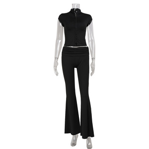 <span class=keywords><strong>Ensemble</strong></span> 2 pièces pour <span class=keywords><strong>femme</strong></span> Sehe Fashion : Haut à col montant zippé, manches courtes, taille froncée et <span class=keywords><strong>pantalon</strong></span> évasé - Product Image 4