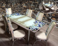 Tables de salle à manger très vendues, meubles de luxe, plateau en verre lourd sculpté, base en métal argenté, ensembles de tables de salle à manger économiques avec chaises