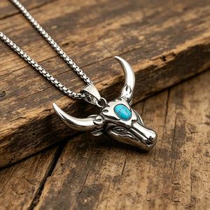 Bull Head Alloy Pendant Turquoise Inlay Men's Necklace Stainless Steel Fashion Sweater Chain Geometric Design Gift Jewelry - Product Image 3