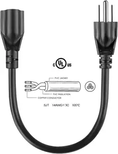 Penjualan langsung produsen 10A 13A 15A 125V tipe grounding 3-pin 125V kabel ekstensi Amerika 5-15p, ke colokan bercahaya 5-15R