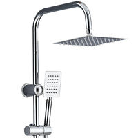 Système de douche carré chromé poli avec panneau, mitigeur monocommande, pommeau de douche pluie, douchette à main intégrée et cartouche céramique