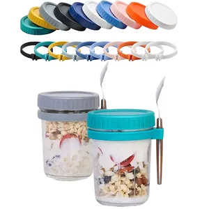 DS1909 Cereal Recipientes Armazenamento Iogurte Frascos Mason Frascos Para Overnight Oat Jar Vidro Overnight Aveia Recipientes com Tampa e Spoo