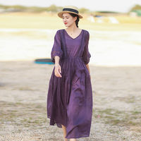 Robe longue Muguyu à manches classiques, style Normcore/Minimaliste, avec ceinture, col en V, en coton et lin, coupe ample, couleur unie, pour l'été