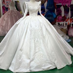 XS243 Vestido de Novia Moderno y Elegante de Manga Larga con Bordado de Satén, Encaje Floral, Apliques de Cristal, Vestido de Baile con Cola Larga de Encaje - Product Image 1