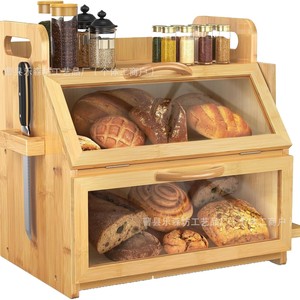 Boîte à pain en bois à double couche avec porte en verre, rangement de cuisine pour boulangerie et pâtisserie, organisateur de comptoir - Product Image 5
