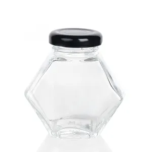 Luxury 100 Ml/220 Ml/380 Ml Unique Hexagonal Glass Honey Bottle Jar Suppliers With Wooden Lid