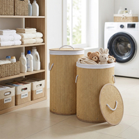 Panier à linge pliable en bambou naturel classique avec couvercle et poignée de transport, design rectangulaire pliable durable