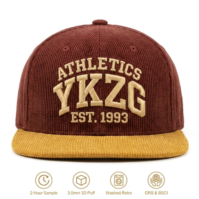 YKZG Luxury Label Corduroy Cap 3D Puff Embroidery Athletics Baseball Hat Green Yellow Contrast Vintage Retro Style Wholesale