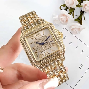 Reloj de Mujer con Caja Dorada y Cristales, Números Romanos, Brazalete de Acero Inoxidable, Lujoso, Estilo Hip Hop, para Niñas - Product Image 4