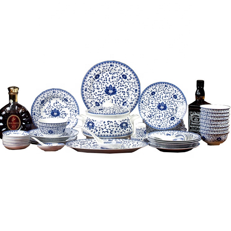 Commercio all'ingrosso Jingdezhen Blu E Bianco Porcellana Set Da Tavola Piatti Antichi Set di Stoviglie Da Tavola In Ceramica