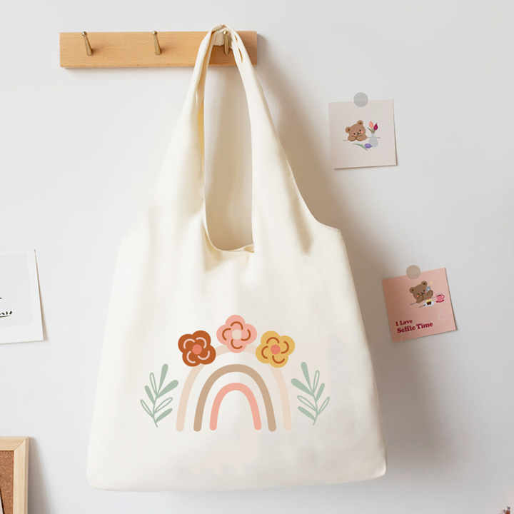 Rainbow Canvas Tote Bag Flowers Storage Bags Ladies Aesthetic Handbag