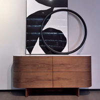 Credenza con Piano in Marmo e Design Curvo in Impiallacciatura di Noce, Mobile Buffet con Quattro Cassetti per Progetti di Arredamento di Ville e Hotel