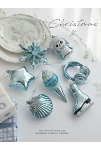 Set di Decorazioni Natalizie Blu Glitterate - Pinguino, Fiocco di Neve, Gelato, Cuffie, Stella, Conchiglia, Pattini da Ghiaccio - Decorazioni Pendenti - Product Image 4