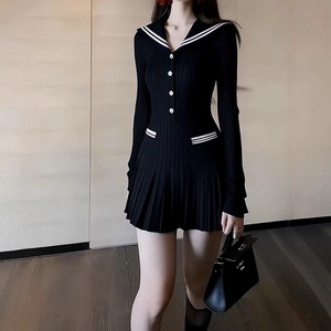 Falda corta de punto con cuello marinero negro francés para mujer, nueva colección de principios de otoño, juvenil, elegante y ceñida a la cintura - Product Image 3