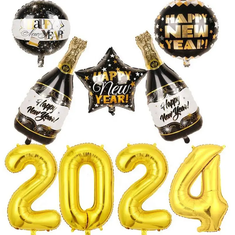 2024 Folienballon frohes Neujahrsfest Stern runde Zahlenballon für Weihnachten Heimparty Luftbälle Dekoration Neujahr Dekoration Versorgung