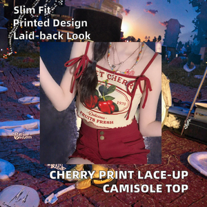 Women's Summer Slim Fit Strap Crop <b>Top</b> Letter <b>Cherry</b> Print Lace-Up Knitted Camisole Halter Breathable Fashion Sexy Clubwear - Product Image 3
