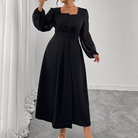 Robe noire à col carré et manches longues, taille plus, robe midi élégante pour femmes, tenue de soirée formelle pour l'automne et l'hiver