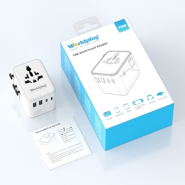 Worldplug 2AC 70W GaN Universal Travel Adapter Charger International Socket for Worldwide Use with Laptop & Camera