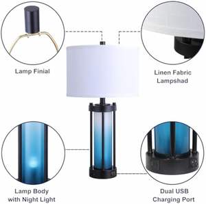 复古卧室床头柜灯，带双USB端口床头灯，带磨砂玻璃夜灯，用于茶几入口通道 - Product Image 3