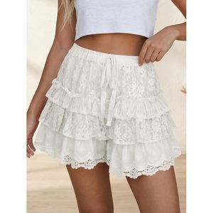 Womens Summer Ruffle Shorts <b>Lace</b> <b>Elastic</b> High Waist Tiered Tie Front Loose Boho Beach Skirt Skort Chiffon Breathable Stretch - Product Image 3