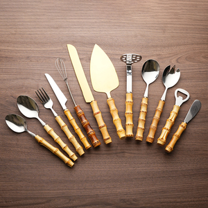 Độc đáo 304 thép không gỉ <span class=keywords><strong>Flatware</strong></span> Bộ cho đám cưới đầy đủ bộ đồ ăn phục vụ tùy chỉnh thiết lập dao kéo với tre xử lý - Product Image 1