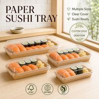 Plateau à sushi jetable en papier kraft biodégradable de qualité alimentaire avec couvercle, finition mate personnalisée pour l'emballage de frites et de nouilles à emporter