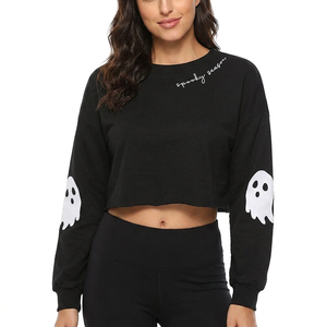 Women's <b>Black</b> <b>Fleece</b> Sweatshirt Ghost Appliques Drop Shoulder Crewneck Oversize Halloween Spooky Season Print Autumn Winter Wear - Product Image 3