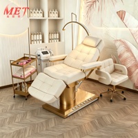 Table de massage électrique de luxe à 3 moteurs pour soins du visage et cils, en cuir marron, avec accoudoirs, pour salon de beauté et lavage des cheveux