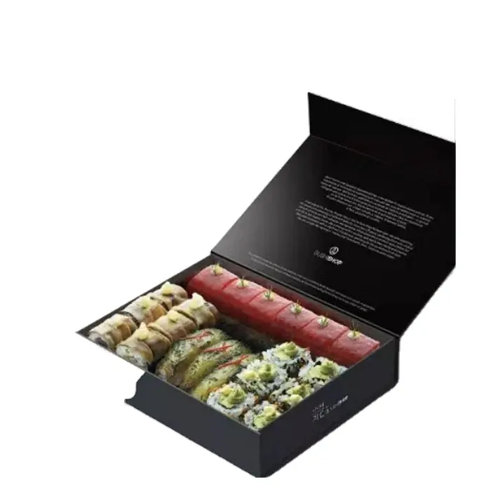 Kotak Sushi Hitam Mewah Premium Kotak Cetak Desain Sendiri Kardus Kotak Kemasan Sushi dengan Magnet Tutup