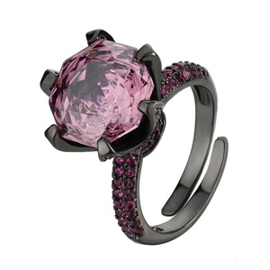 High End Jewelry Eco-friendly Copper Black Gold Plated Non Tarnish 12MM Pink Zircon 6 Claw Adjustable Ring for Women - Product Image 1