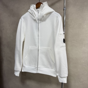 <b>Men's</b> <b>White</b> Hooded Zip-Up <b>Sweatshirt</b> Regular Fit Cotton French Terry Casual Autumn Wear Left Sleeve Logo Pocket Design - Product Image 1