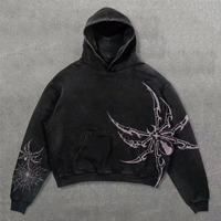 Sweat à capuche vintage noir délavé avec imprimé squelette d'araignée, coupe oversize pour homme, motif graphique gothique, streetwear, vente en gros personnalisée