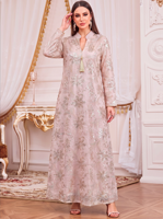 Robe longue maxi modeste pour adultes, col montant, broderie florale, sequins, polyester, pendentif à pompon, manches longues, col en V, style décontracté musulman