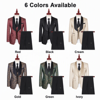 Costume de smoking homme de luxe coupe ajustée vert et or jacquard satiné à revers châle, 3 pièces (veste, gilet, pantalon) – Costume de mariage formel sur mesure